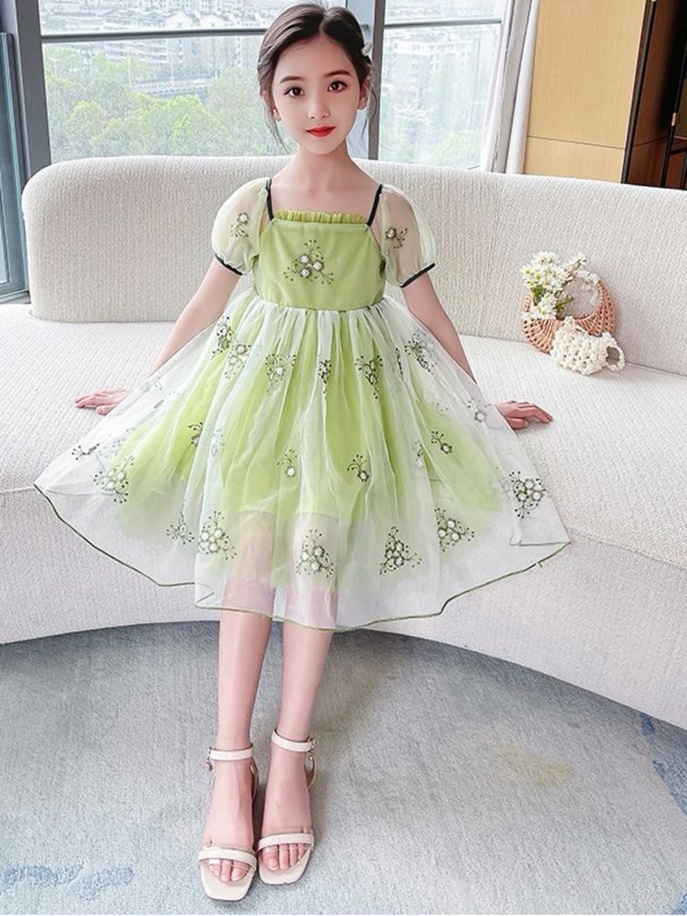 Green Floral Tulle Girls' Party Dress